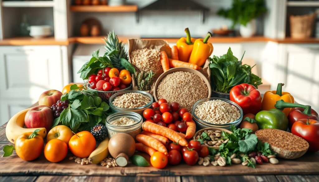 A beautifully arranged layout of nutritious foods on a rustic wooden table. In the foreground, there are vibrant fruits like apples, bananas, berries, and oranges, accompanied by an array of colorful vegetables such as spinach, carrots, and bell peppers. In the middle ground, showcase whole grains like brown rice, quinoa, and whole-grain bread, alongside protein sources such as nuts, seeds, and legumes. The background consists of a soft-focus kitchen setting, with natural light streaming in through a window, creating a warm and inviting atmosphere. The composition is captured with a slight overhead angle, emphasizing the variety and abundance of healthy options, evoking a sense of inspiration and well-being tailored to a vibrant, health-conscious lifestyle.
