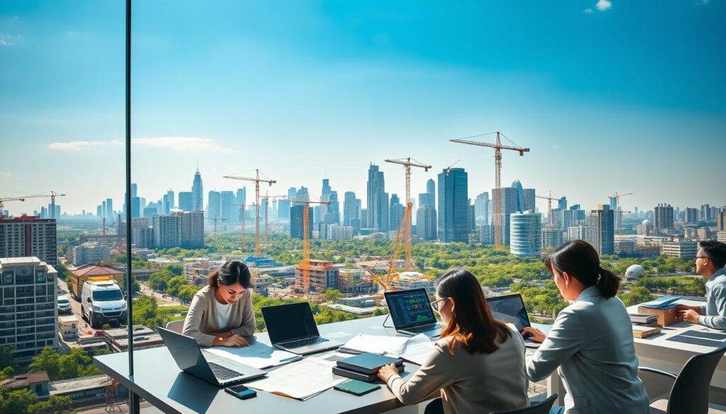 A bustling cityscape showcasing the impact of national development policies. In the foreground, a diverse group of professionals in business attire engaged in a strategic meeting around a modern conference table, analyzing urban development plans on laptops and digital screens. The middle ground features a vibrant construction site with cranes and workers collaborating on building projects, symbolizing growth and progress. In the background, a skyline filled with modern skyscrapers and green spaces under a bright blue sky, illustrating harmony between development and nature. Soft afternoon sunlight casts dynamic shadows, creating an optimistic atmosphere of innovation and collaboration, with a focus on strategic development shaping the future. A bustling cityscape showcasing the impact of national development policies. In the foreground, a diverse group of professionals in business attire engaged in a strategic meeting around a modern conference table, analyzing urban development plans on laptops and digital screens. The middle ground features a vibrant construction site with cranes and workers collaborating on building projects, symbolizing growth and progress. In the background, a skyline filled with modern skyscrapers and green spaces under a bright blue sky, illustrating harmony between development and nature. Soft afternoon sunlight casts dynamic shadows, creating an optimistic atmosphere of innovation and collaboration, with a focus on strategic development shaping the future.