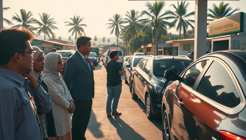 A bustling gas station in Barru, Indonesia, displaying a scene of community engagement and concern over solar subsidy impacts. In the foreground, a diverse group of local residents—men and women clad in professional business attire and modest casual clothing—are engaged in animated discussions, showing a mix of hope and anxiety. In the middle ground, several cars are lined up at the pump, while an attendant fills up a vehicle, emphasizing the importance of fuel access. The background showcases a vibrant landscape of palm trees and local shops, bathed in warm sunlight that casts long shadows, adding depth. The atmosphere is tense yet hopeful, conveying the societal issues surrounding energy subsidies, with a focus on the human element and its connectedness to the community's daily life.