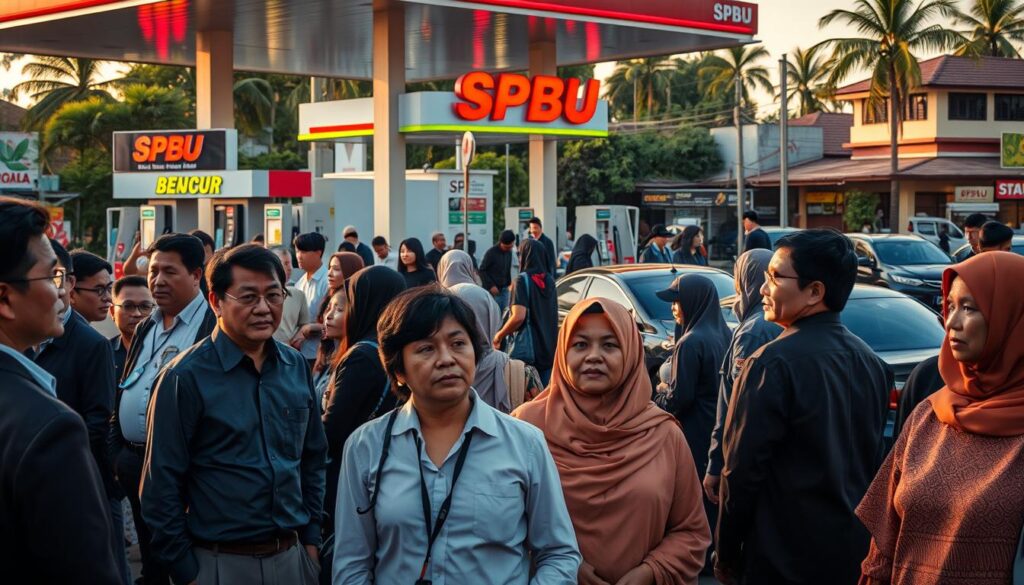 A busy fuel station scene in Barru, Indonesia, reflecting the aftermath of a viral incident. In the foreground, a diverse group of local residents, dressed in professional business attire and modest casual clothing, express concern and curiosity while engaging with each other. The middle ground features the SPBU (fuel station) building, prominently displaying vibrant signage and busy fuel pumps, with several cars waiting in line. The background showcases a lively street scene, with palm trees and traditional Indonesian architecture, hinting at community life. The atmosphere is tense yet engaged, captured during the golden hour to create warm lighting, casting soft shadows. A medium shot perspective emphasizes the interactions among people, focusing on their expressions and the significance of the moment.