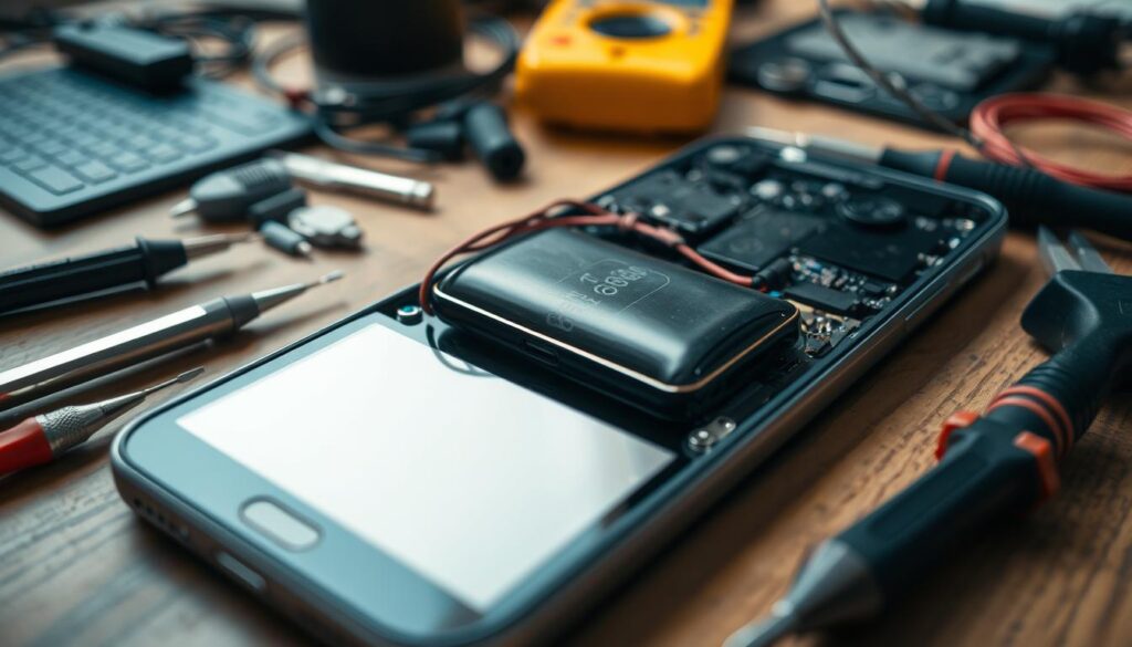 A close-up view of a disassembled smartphone laying on a wooden workbench, surrounded by various small electronic tools like a screwdriver, tweezers, and a multimeter. Some wires are frayed, and a swollen battery is prominently displayed, showcasing potential causes for a total phone failure. The lighting is soft and focused, emphasizing the intricate details of the phone's internals. In the background, there are blurred outlines of additional tech tools and a well-organized workspace, creating a tech-savvy atmosphere. The overall mood is one of investigation and repair, indicating a diagnostic process in a professional setting. The angle captures a slight overhead view to highlight the components clearly.