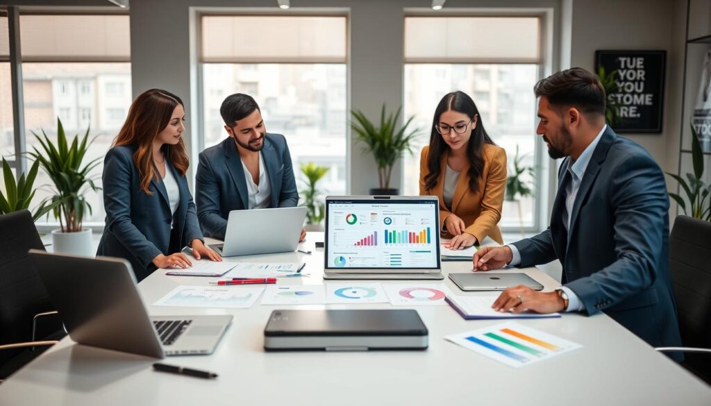 A diverse group of four professionals in business attire, including a woman in a blazer and a man in a sharp suit, gathered around a sleek conference table covered with laptops, charts, and strategy documents. They are engaged in a focused discussion, with one individual pointing at a colorful infographic on a laptop screen. The background features a modern office with large windows, allowing soft, natural light to pour in, creating a warm and inspiring atmosphere. The room has plants and motivational art on the walls, symbolizing growth and resilience. The composition is balanced, with a slight focus on the engaged professionals in the foreground, showcasing teamwork and strategic planning for overcoming business challenges.