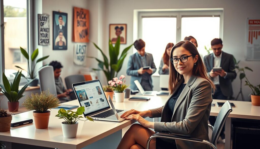 A modern workspace scene showcasing a diverse group of professionals engaged in various skill-based online businesses. In the foreground, a confident woman in professional attire sits at a sleek desk with a laptop, demonstrating digital marketing on her screen. Nearby, a young man with glasses and a notepad brainstorms ideas, while a person in smart casual clothing draws on a digital tablet. The middle ground features plants and motivational posters on the walls, creating an inspiring atmosphere. The background includes a large window with natural light flooding the room, casting soft shadows and enhancing the vibrant colors. The overall mood is focused, energetic, and collaborative, reflecting innovation and opportunity in online business for 2025.