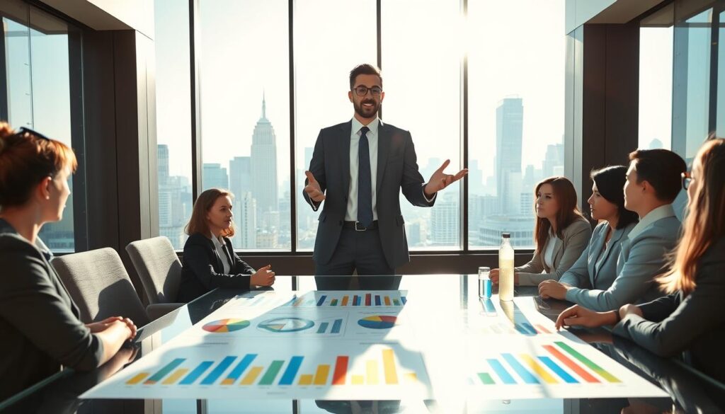 A professional business strategist is standing confidently in a modern office space, surrounded by a large glass table with colorful charts and graphs illustrating business growth strategies. In the background, a city skyline is visible through floor-to-ceiling windows, with bright sunlight streaming in, creating an optimistic and inspiring atmosphere. The strategist, wearing a sharp suit, gestures toward the charts, emphasizing his points to an engaged audience sitting at the table, also dressed in professional attire. Soft natural lighting enhances the scene, while the camera angle captures a mid-shot view, focusing on the strategist and the strategic visuals in front of him. The overall mood conveys determination, innovation, and a forward-thinking approach to long-term business success.