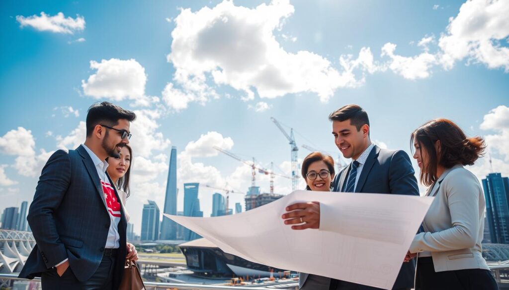 A successful national strategic project in a vibrant cityscape, featuring a modern infrastructure development such as a high-tech transportation hub. In the foreground, a group of diverse professionals in smart business attire collaborate on a blueprint, discussing ideas passionately. In the middle ground, cranes and workers are actively constructing the hub, highlighting progress and teamwork. The background showcases a skyline filled with futuristic buildings, under a bright blue sky with soft, fluffy clouds. The sunlight casts vibrant colors, creating a hopeful and inspiring atmosphere. The image should have a dynamic angle, as if viewed from a slightly elevated position, capturing the scale and significance of the project. A successful national strategic project in a vibrant cityscape, featuring a modern infrastructure development such as a high-tech transportation hub. In the foreground, a group of diverse professionals in smart business attire collaborate on a blueprint, discussing ideas passionately. In the middle ground, cranes and workers are actively constructing the hub, highlighting progress and teamwork. The background showcases a skyline filled with futuristic buildings, under a bright blue sky with soft, fluffy clouds. The sunlight casts vibrant colors, creating a hopeful and inspiring atmosphere. The image should have a dynamic angle, as if viewed from a slightly elevated position, capturing the scale and significance of the project.
