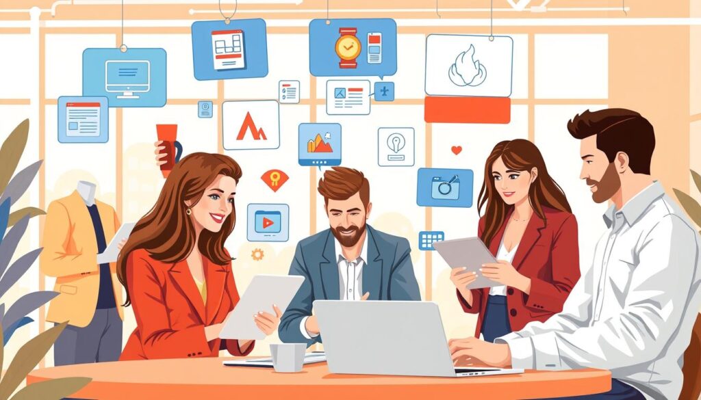 A vibrant and dynamic illustration of various online business opportunities without capital in 2025. In the foreground, a diverse group of professionals, dressed in smart casual or business attire, are engaged in collaborative discussions while using laptops and tablets, showcasing the concept of remote work. In the middle ground, illustrations of digital platforms like e-commerce websites, affiliate marketing, and social media advertising are represented as floating icons or screens. The background features a bright office environment with large windows letting in natural light, symbolizing openness and innovation. The atmosphere is energetic and hopeful, with a warm color palette that evokes optimism for future business ventures. The scene should convey a sense of collaboration and success in the digital age.