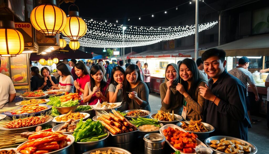A vibrant night market scene in Indonesia showcasing a variety of delicious street foods. In the foreground, a table filled with colorful dishes like satay skewers, fresh seafood, and vibrant vegetables. A diverse group of people is engaged in tasting and enjoying the food, dressed in casual but modest clothing, smiling and animated. In the middle ground, food vendors showcase their dishes, illuminated by warm, inviting lantern light, creating an atmosphere of festivity and excitement. The background features decorated stalls and the bustling crowd, with twinkling fairy lights strung overhead. The scene captures a sense of warmth and community, with deep shadows contrasting against the bright colors of the food, evoking a lively and flavorful culinary experience.