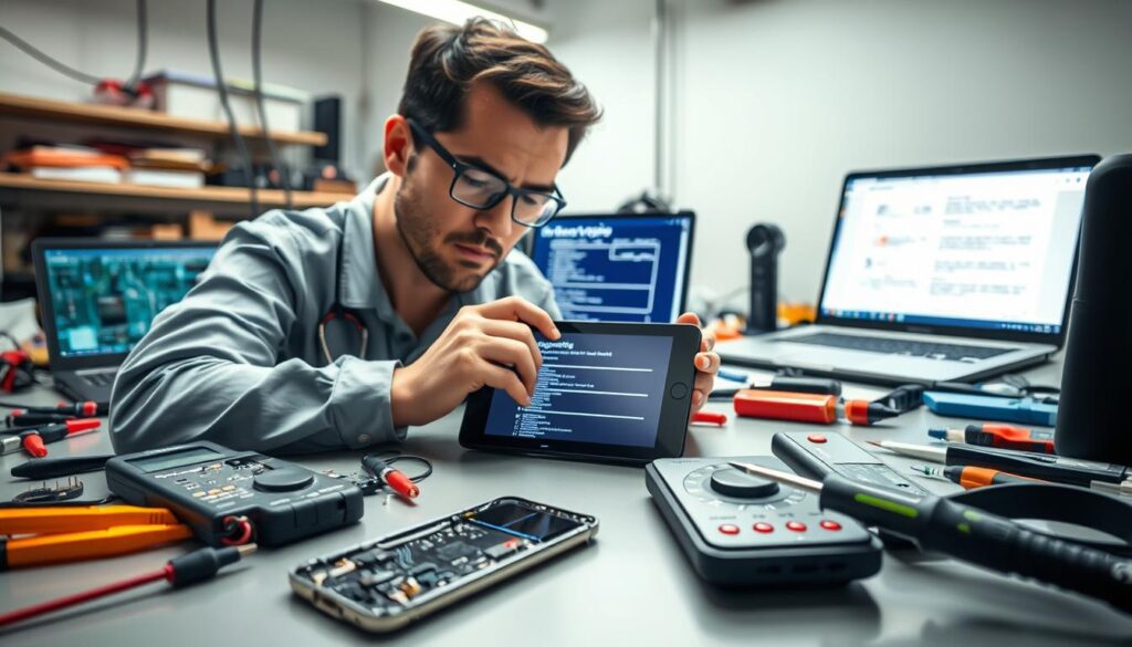 A well-lit modern workspace featuring a technician in professional attire, focused on diagnosing a smartphone. The foreground showcases an open smartphone, with circuit boards and tools like a multimeter and screwdriver surrounding it. In the middle, a digital tablet displays diagnostic software, casting a soft glow on the technician's concentrated expression. The background includes a workbench cluttered with repair tools, diagnostic devices, and a laptop showing troubleshooting guide lines. Bright but soft lighting emphasizes the meticulous atmosphere of problem-solving and preparation. The scene conveys a mood of diligence and technical skill, showcasing the essential steps before a repair.
