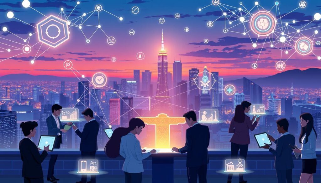 A dynamic and visually engaging illustration depicting the application of blockchain technology across various sectors. In the foreground, a diverse group of professionals in business attire interacts with digital devices showcasing blockchain interfaces, such as smart contracts and decentralized finance applications. The middle ground features multiple sectors represented, like healthcare, finance, supply chain, and education, each symbolized by relevant icons and digital connections flowing seamlessly between them. The background boasts a futuristic city skyline, illuminated under a glowing twilight sky, with floating data networks above. The lighting is soft yet vibrant, creating an optimistic atmosphere that highlights innovation and collaboration. The composition should have a balanced approach, focusing on both human interaction and technological advancement. Ensure the image is free of any captions or overlays.