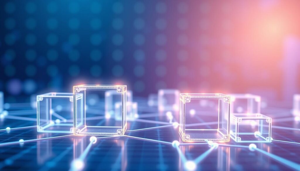 A visually striking illustration of a blockchain structure, showcasing interconnected blocks in a three-dimensional space. In the foreground, emphasize several transparent blocks with glowing edges, representing data units, linked by luminous lines symbolizing secure connections. In the middle, depict a slightly blurred digital grid to suggest an expansive network of blockchain technology, while ensuring the blocks appear crisp and defined. In the background, a soft gradient of deep blues and purples enhances the technological atmosphere, invoking a sense of innovation. Utilize bright, focused lighting from the top to create shadows and depth, mimicking a futuristic lab environment. The overall mood should convey dynamism and optimism, reflecting the cutting-edge nature of blockchain technology.